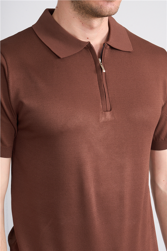 Rosso Y26 26069 Kahve Erkek Fermuarlı Polo Yaka Polyelıt Trıko Tişört S-Xxl