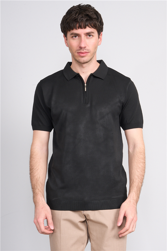 Rosso Y26 26069 Siyah Erkek Fermuarlı Polo Yaka Polyelıt Trıko Tişört S-Xxl