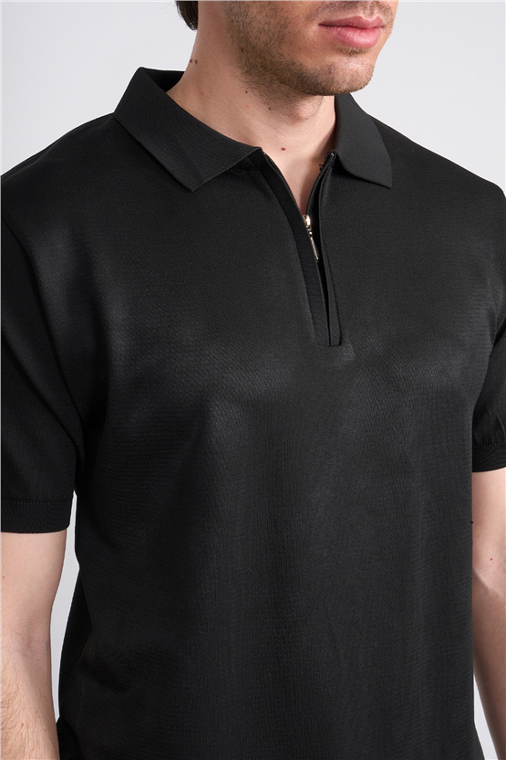 Rosso Y26 26069 Siyah Erkek Fermuarlı Polo Yaka Polyelıt Trıko Tişört S-Xxl