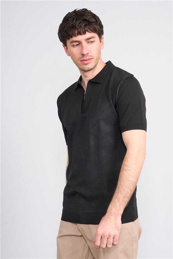 Rosso Y26 26069 Siyah Erkek Fermuarlı Polo Yaka Polyelıt Trıko Tişört S-Xxl