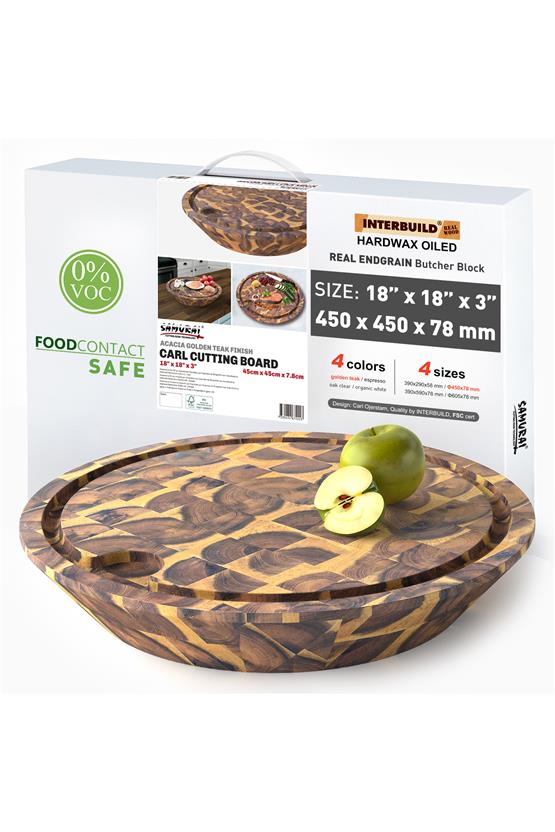 Samurai Interbuild Masif Akasya End Grain Yuvarlak Kesme Tahtası 45 cm Çap 7,8 cm Altın Tik 672223