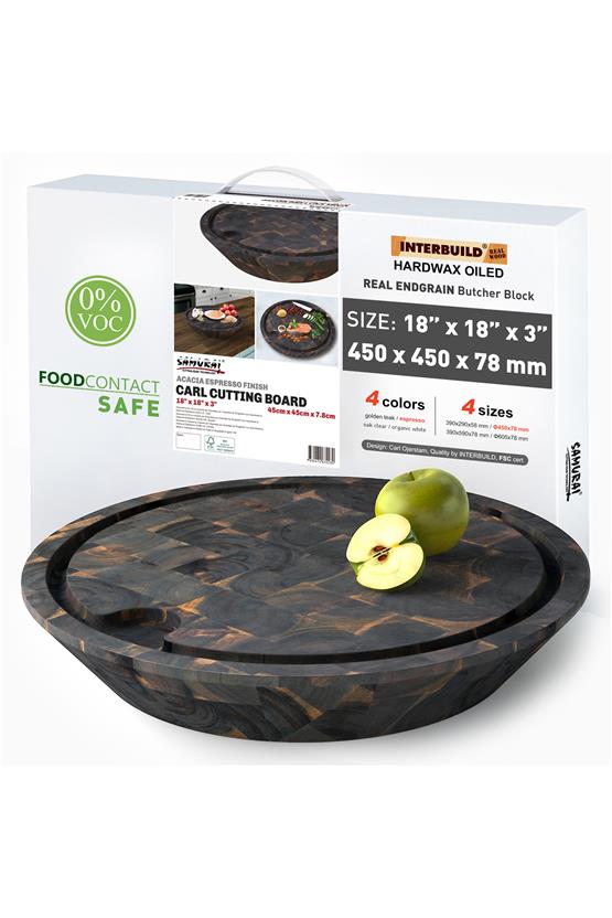 Samurai Interbuild Masif Akasya End Grain Yuvarlak Kesme Tahtası 45 cm Çap 7,8 cm Espresso 672230