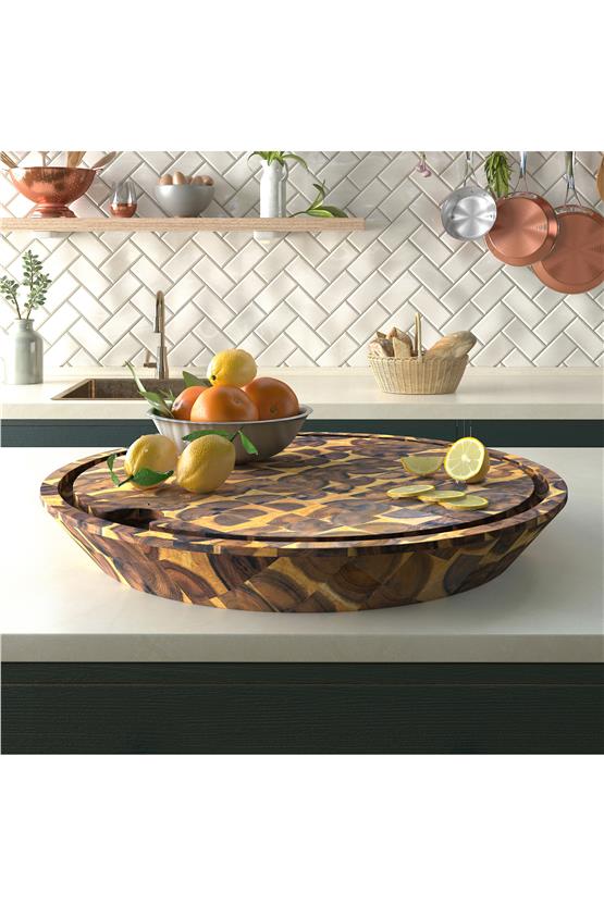 Samurai Interbuild Masif Akasya End Grain Yuvarlak Kesme Tahtası 60,5 cm Çap 7,8 cm Altın Tik 672254