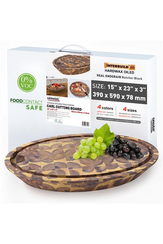 Samurai Interbuild Masif Akasya End Grain Oval Kesme Tahtası 59x39x7,8 cm Altın Tik 672193