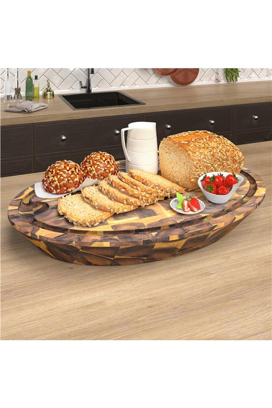 Samurai Interbuild Masif Akasya End Grain Oval Kesme Tahtası 59x39x7,8 cm Altın Tik 672193