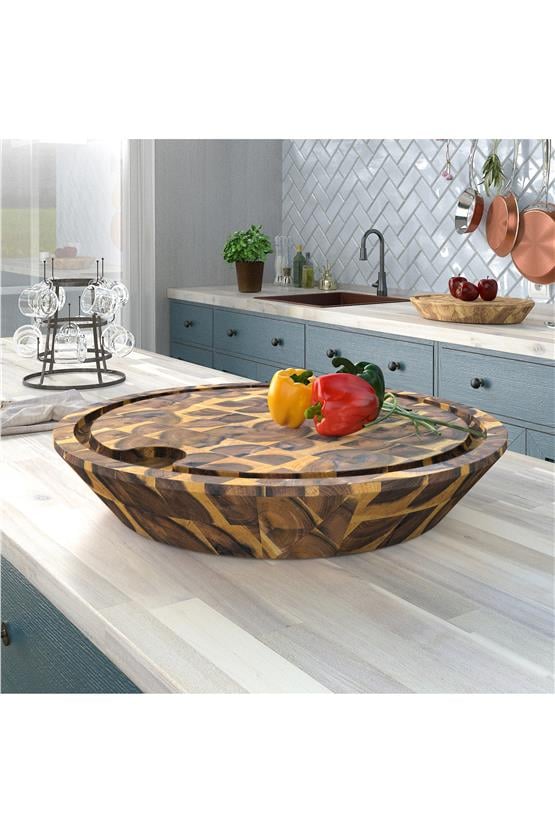 Samurai Interbuild Masif Akasya End Grain Yuvarlak Kesme Tahtası 45 cm Çap 7,8 cm Altın Tik 672223