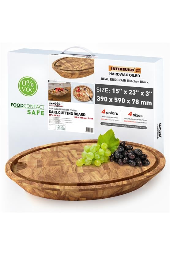 Samurai Interbuild Masif Meşe End Grain Oval Kesme Tahtası 59x39x7,8 cm Organik Naturel Meşe,Şeffaf 672445