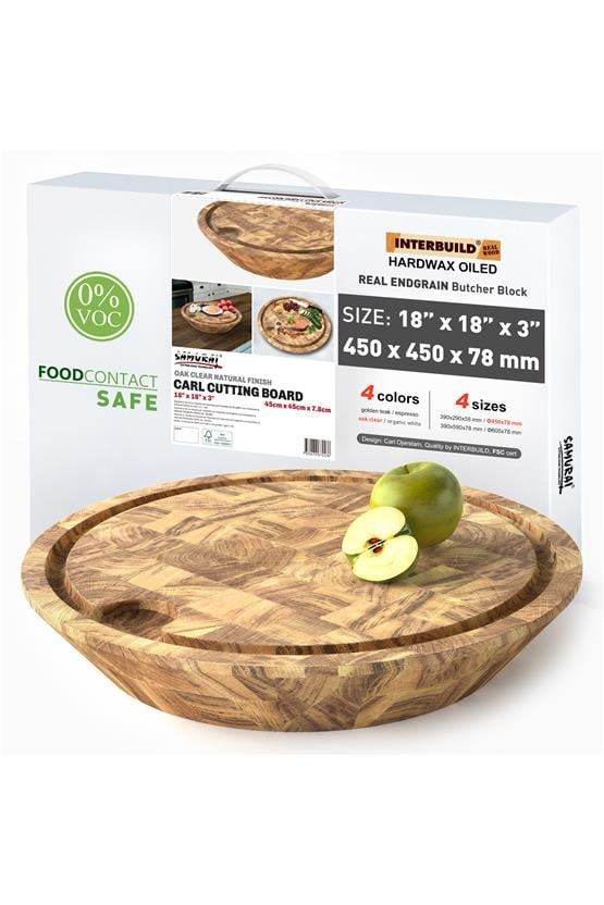 Samurai Interbuild Masif Meşe End Grain Yuvarlak Kesme Tahtası 60,5 cm Çap 7,8 cm Naturel Meşe,Şeffaf 672438