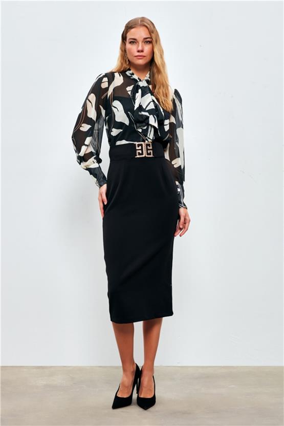 Sateen 1253-4505 Siyah Kadın Toka Detaylı Kalem Etek