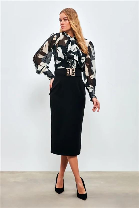 Sateen 1253-4505 Siyah Kadın Toka Detaylı Kalem Etek