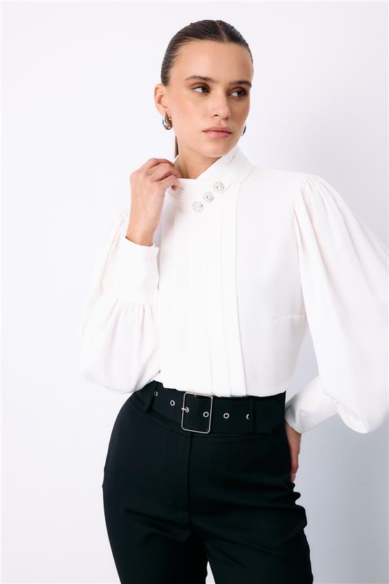 Sateen 1554-1519 Ekru Kadın Yakası Ve Onu Nervurlu Bluz