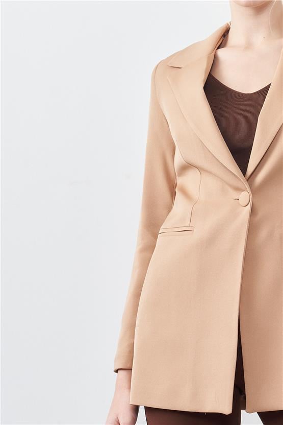 Sateen 166-6005 Camel Kadın Krep Leopar Detaylı Ceket