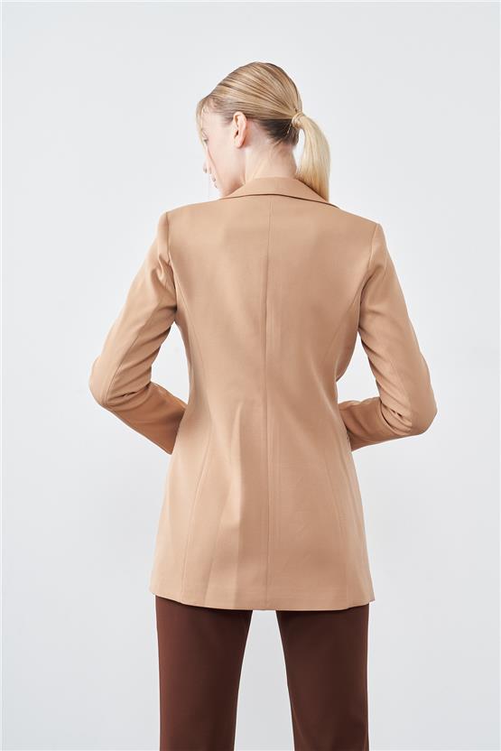 Sateen 166-6005 Camel Kadın Krep Leopar Detaylı Ceket