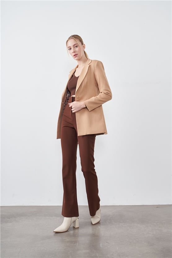 Sateen 166-6005 Camel Kadın Krep Leopar Detaylı Ceket