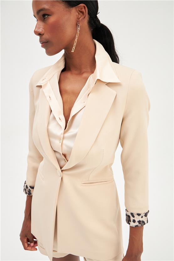 Sateen 166-6005 Kadın Bej Leopar Detaylı Ceket