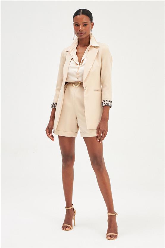 Sateen 166-6005 Kadın Bej Leopar Detaylı Ceket