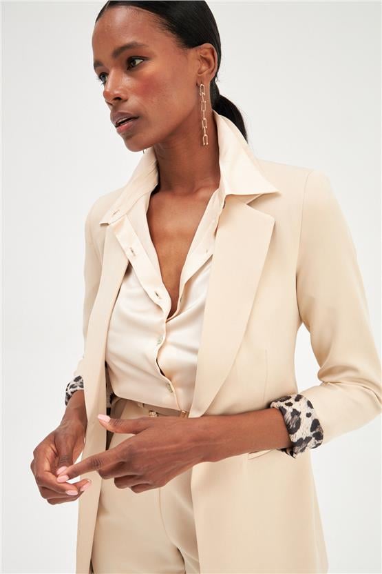 Sateen 166-6005 Kadın Bej Leopar Detaylı Ceket