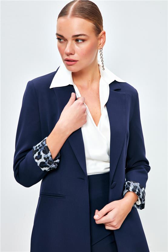 Sateen 166-6005 Lacivert Kadın Leopar Detaylı Ceket