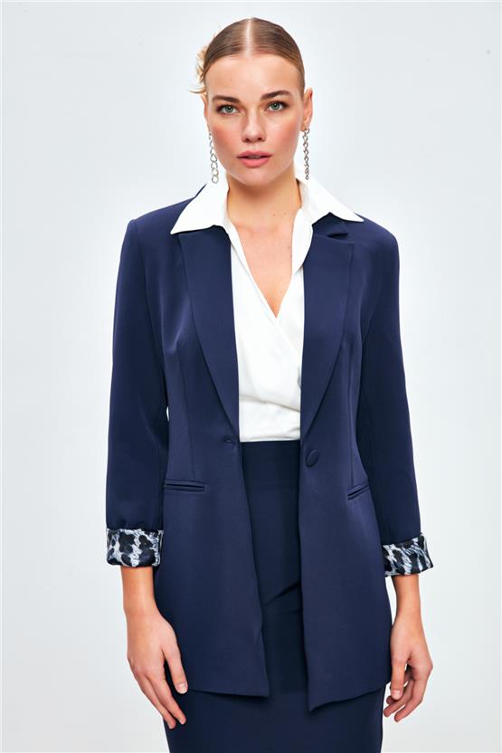 Sateen 166-6005 Lacivert Kadın Leopar Detaylı Ceket