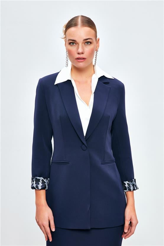 Sateen 166-6005 Lacivert Kadın Leopar Detaylı Ceket