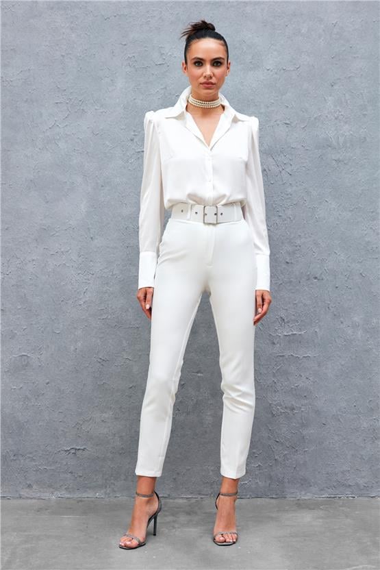 Sateen 2029-5506 Ekru Kadın Kemerli Pantolon