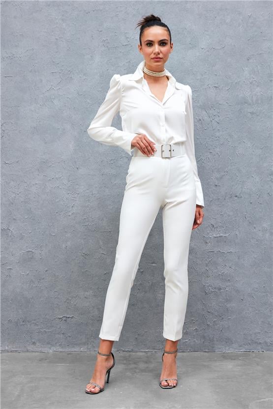 Sateen 2029-5506 Ekru Kadın Kemerli Pantolon