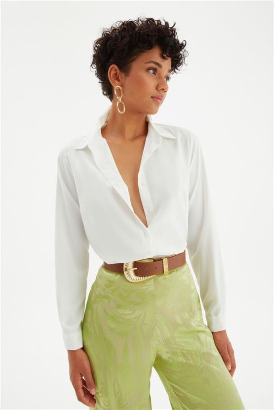 Sateen 268-2530 Ekru Kadın Klasik Gömlek