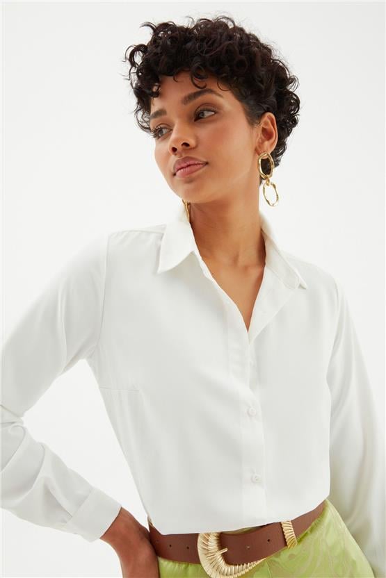 Sateen 268-2530 Ekru Kadın Klasik Gömlek
