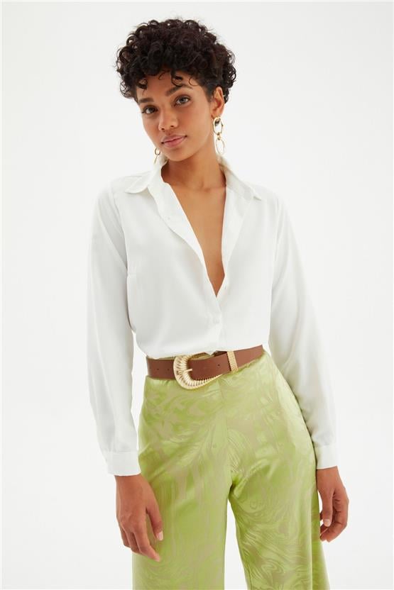 Sateen 268-2530 Ekru Kadın Klasik Gömlek