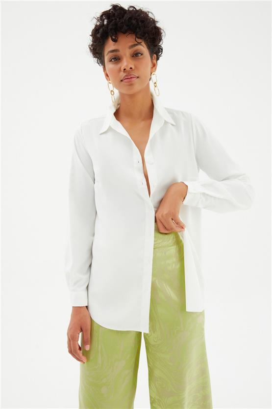 Sateen 268-2530 Ekru Kadın Klasik Gömlek