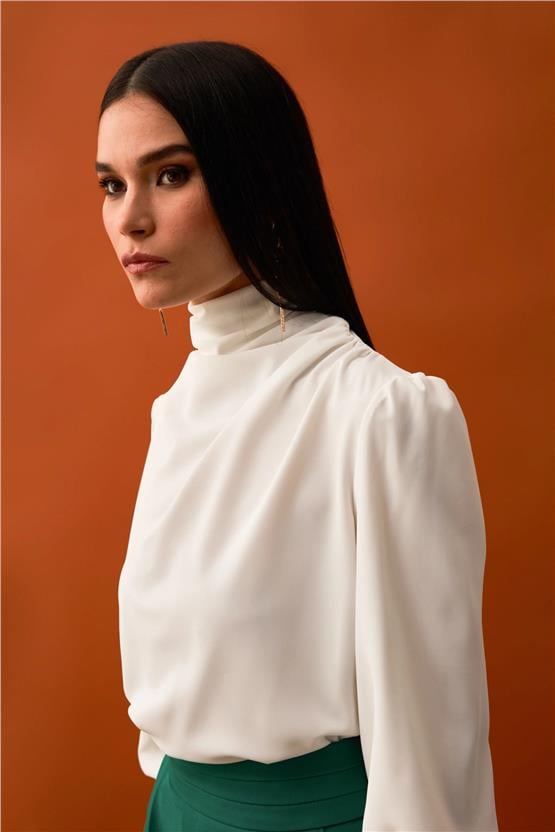 Sateen 417-1001 Ekru Kadın Drapelı Bluz 36-42