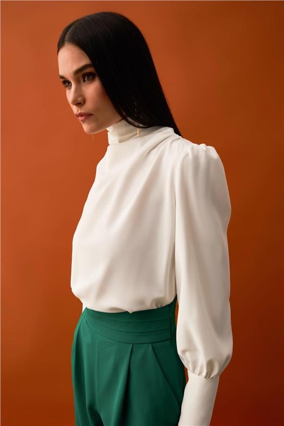 Sateen 417-1001 Ekru Kadın Drapelı Bluz 36-42