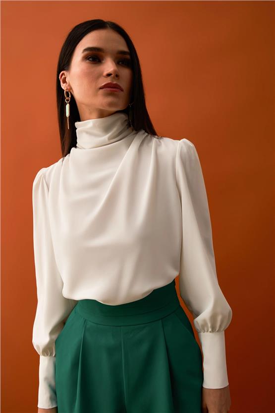 Sateen 417-1001 Ekru Kadın Drapelı Bluz 36-42