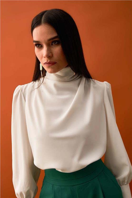 Sateen 417-1001 Ekru Kadın Drapelı Bluz 36-42