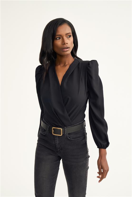 Sateen 447-1009 Siyah Kadın Kruvaze Bodysuit Bluz