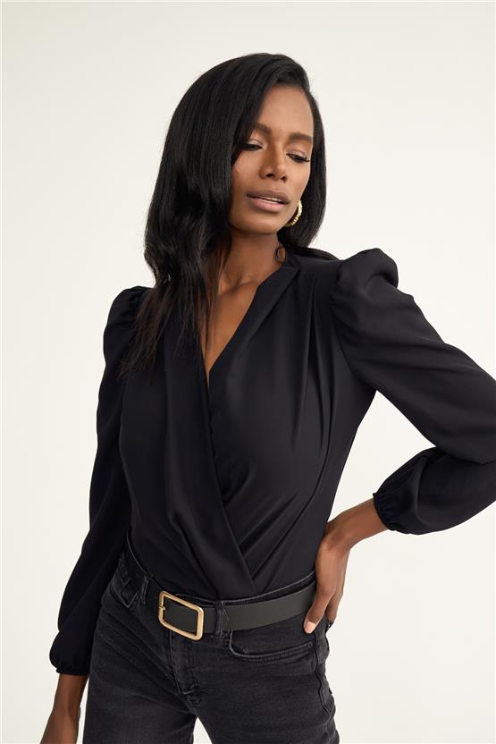 Sateen 447-1009 Siyah Kadın Kruvaze Bodysuit Bluz