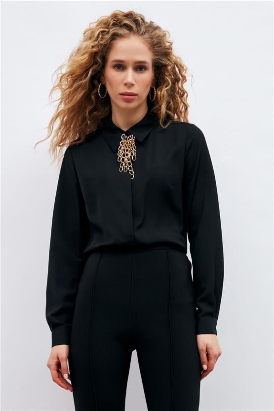 Sateen 881-2013 Siyah Kadın Zincir Detaylı Gömlek
