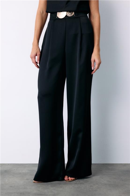Sateen Y25 1580-5502 Sıyah Kadın Aksesuarlı Krep Saten Pantolon