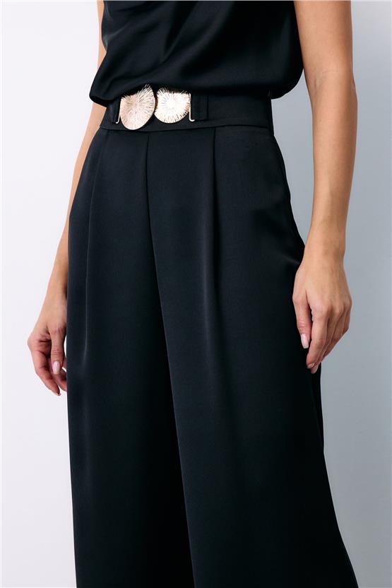 Sateen Y25 1580-5502 Sıyah Kadın Aksesuarlı Krep Saten Pantolon