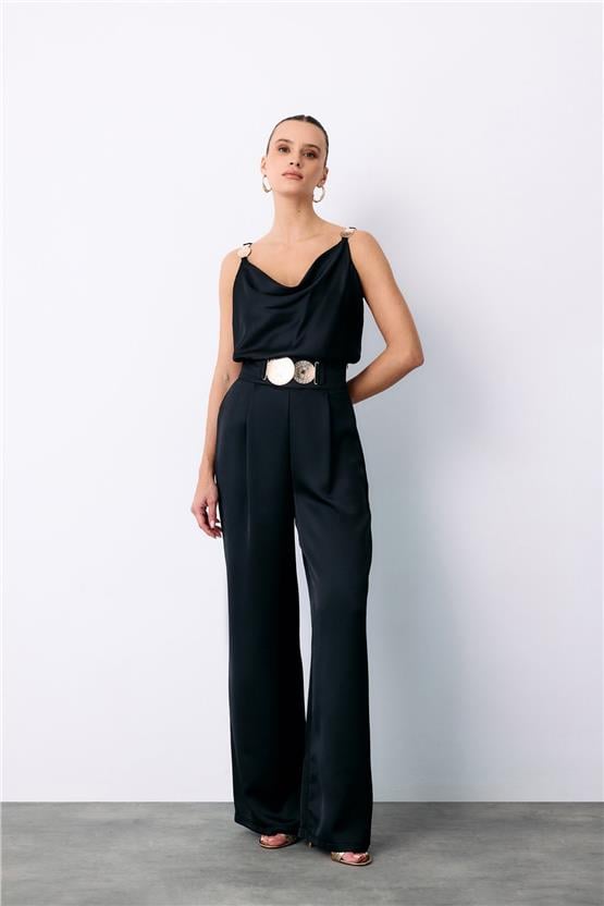 Sateen Y25 1580-5502 Sıyah Kadın Aksesuarlı Krep Saten Pantolon