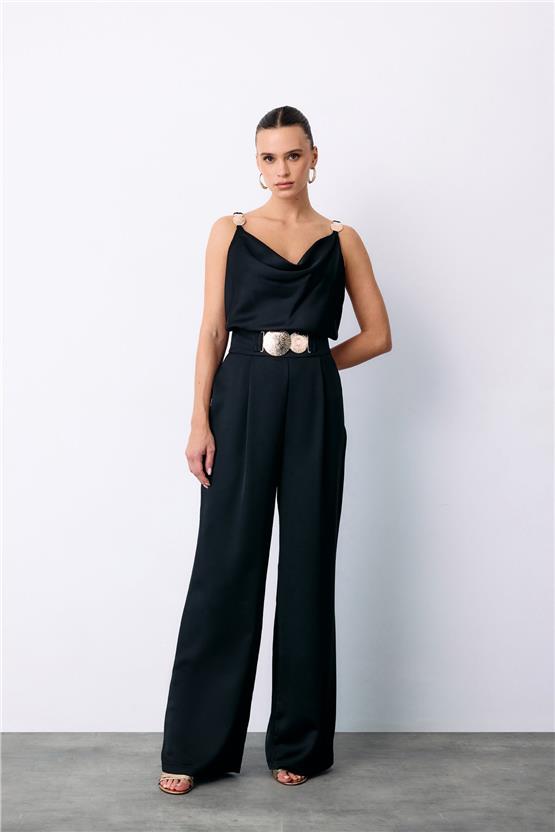 Sateen Y25 1580-5502 Sıyah Kadın Aksesuarlı Krep Saten Pantolon