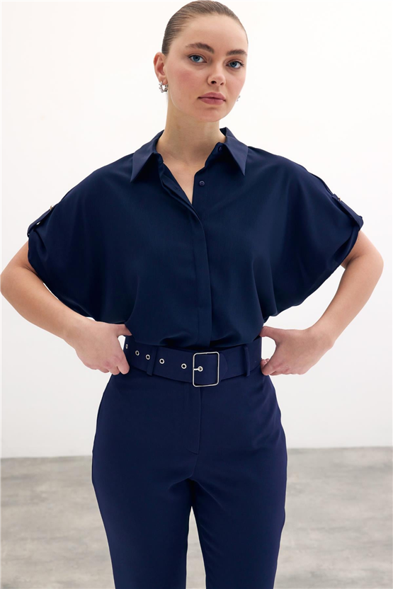 Sateen Y26 1100-2032 Kısa Kol Gömlek Lacivert Kadın