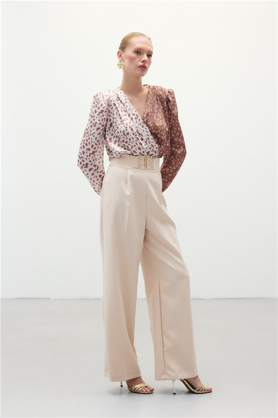 Sateen Y26 1254-5510 Toka Detaylı Bol Paça Pantolon Taş