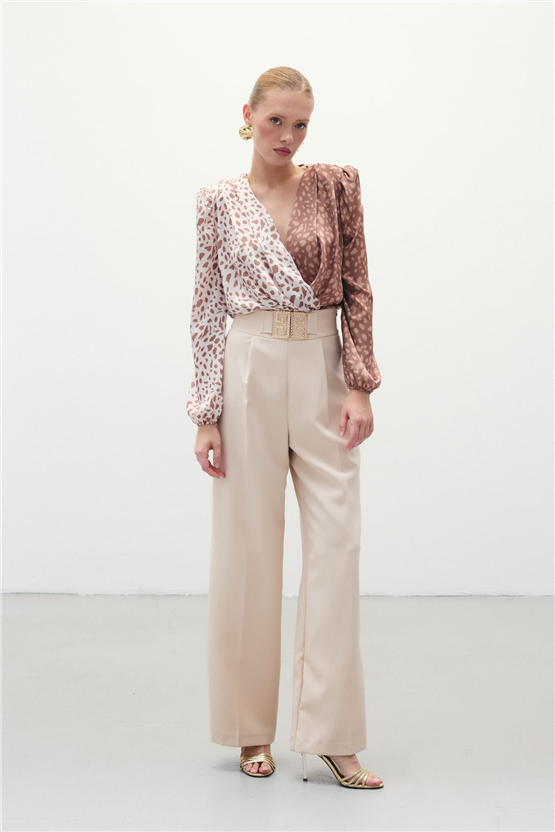 Sateen Y26 1254-5510 Toka Detaylı Bol Paça Pantolon Taş