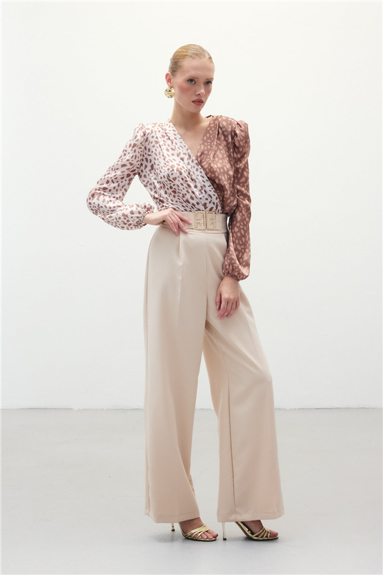 Sateen Y26 1254-5510 Toka Detaylı Bol Paça Pantolon Taş