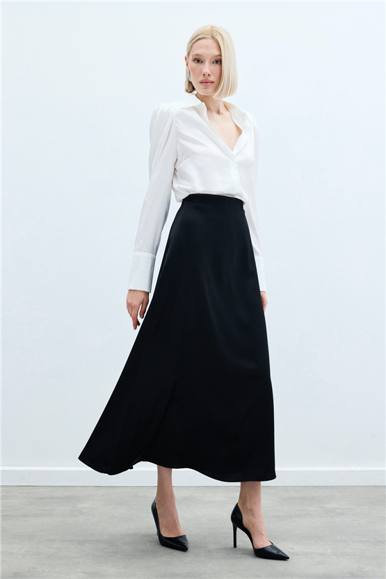 Sateen Y26 1474-4004 Saten Uzun Etek Siyah