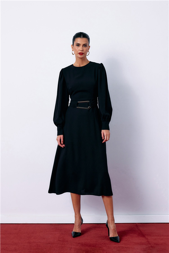 Sateen Y26 1553-3500 Kemeri Metal Tokalı Elbise Siyah