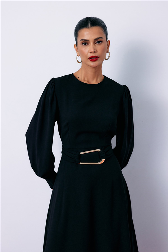 Sateen Y26 1553-3500 Kemeri Metal Tokalı Elbise Siyah