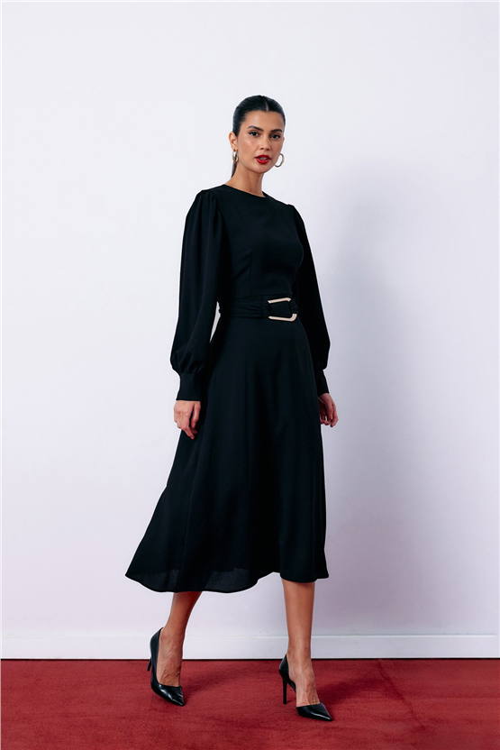 Sateen Y26 1553-3500 Kemeri Metal Tokalı Elbise Siyah