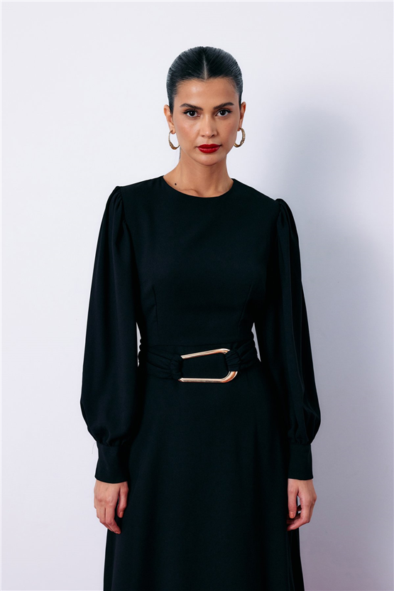 Sateen Y26 1553-3500 Kemeri Metal Tokalı Elbise Siyah